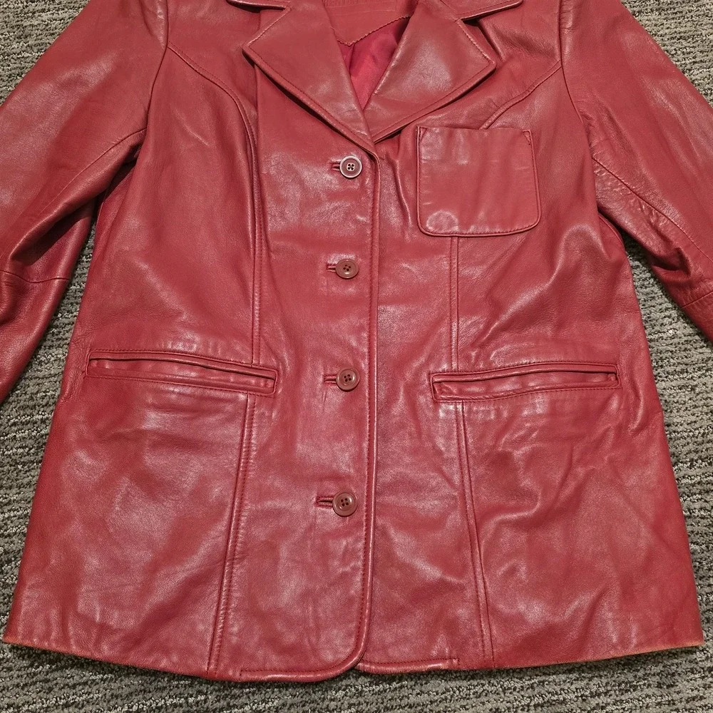 Vtg‎ Preston & York Coat Jacket Women's Lamb Skin Leather Red Lined Button